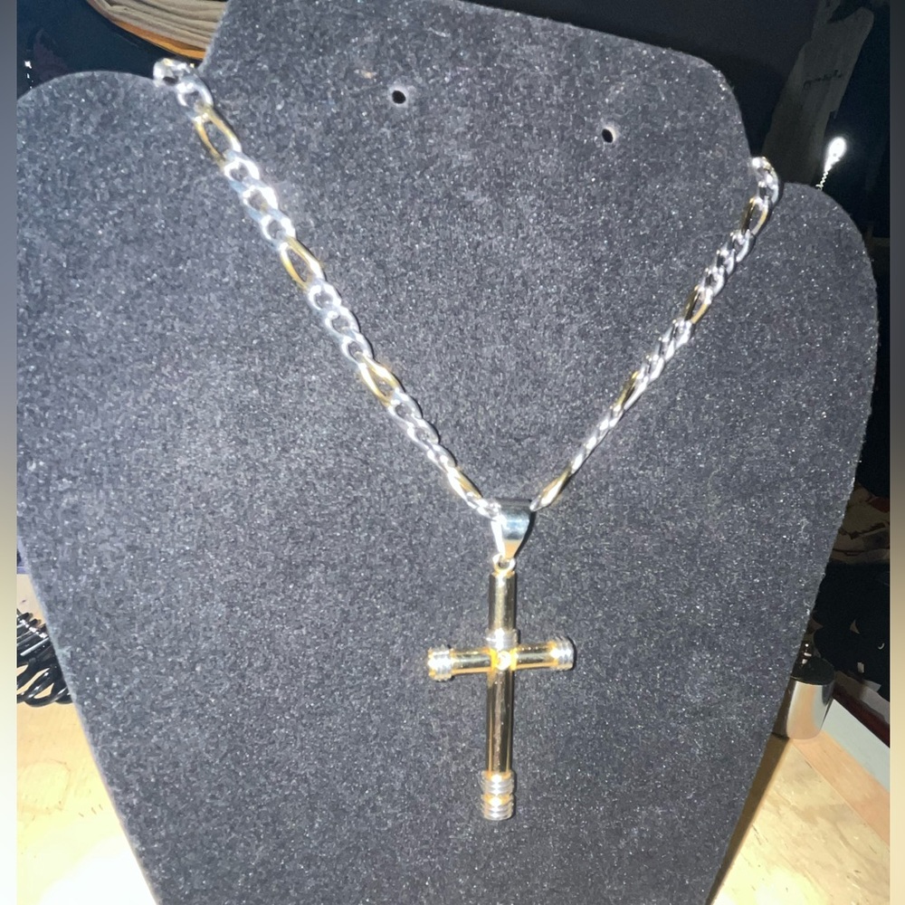 Men’s Figaro Necklace 24” Stainless Steel Two-Tone Chain With Cross Pendant - Picture 3 of 6